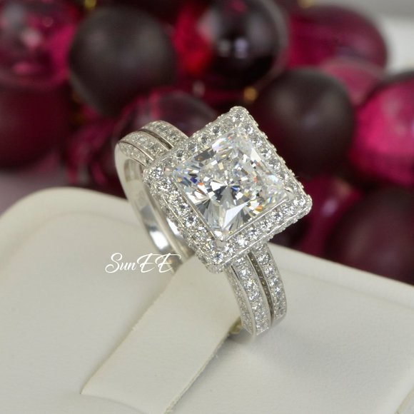 SnE Jewelry - NEW 925 STERLING SILVER HALO PRINCESS DIAMOND CUT WEDDING RINGS ENGAGEMENT RING